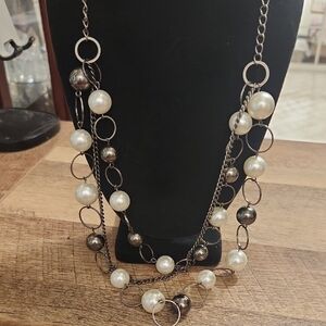 Faux Pearl and Silver Chain Necklace